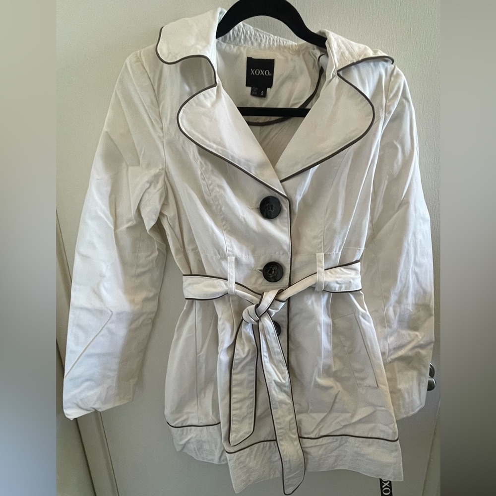 XOXO Off-White Coat with Brown Trim